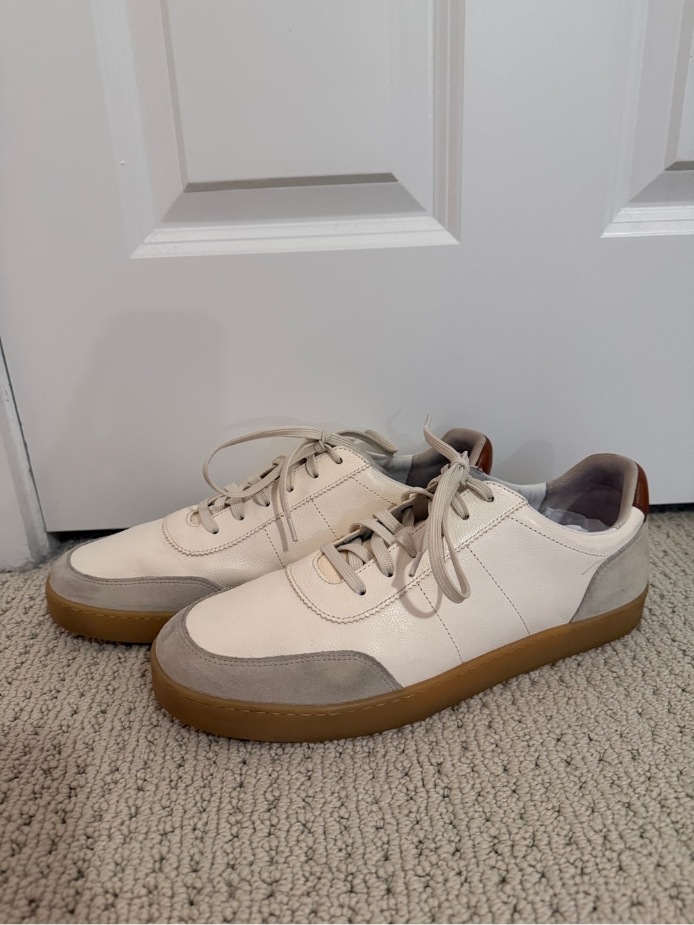 Allen Edmonds Cream and Gum Low-Top Sneakers with Gray Suede Accents